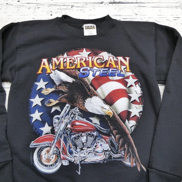Vintage American Steel Sweatshirt Mens Small Black Bald Eagle Motorcycle USA 90s - Picture 2 of 6